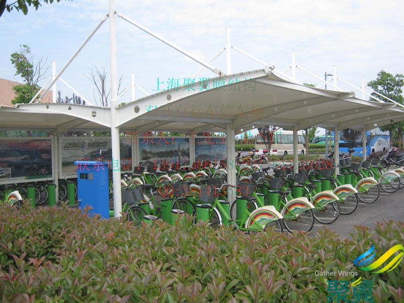 自行車棚_膜結構自行車棚款式：（雙邊拉桿，雙開車棚）