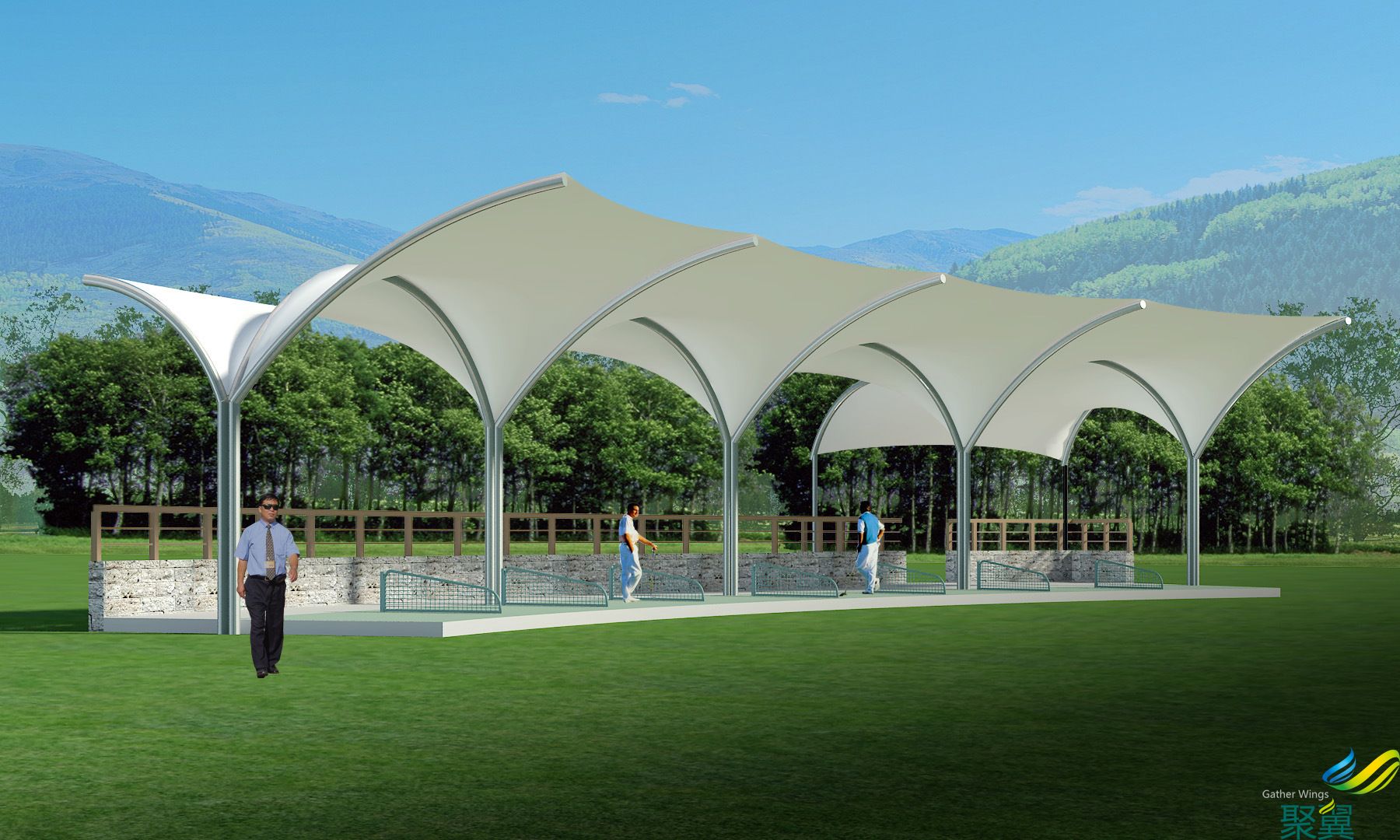 上海閔行新加坡外國語學校高爾夫發(fā)球臺遮陽棚 景觀遮陽棚