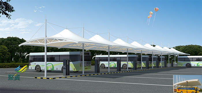 浙江義烏膜結(jié)構(gòu)大巴車遮陽(yáng)停車棚基礎(chǔ)設(shè)計(jì)效果圖