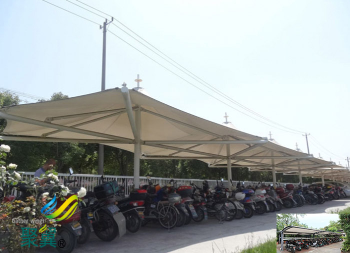 蘇州鋼膜結(jié)構(gòu)非機動自行車汽車棚安裝廠家設(shè)計效果圖