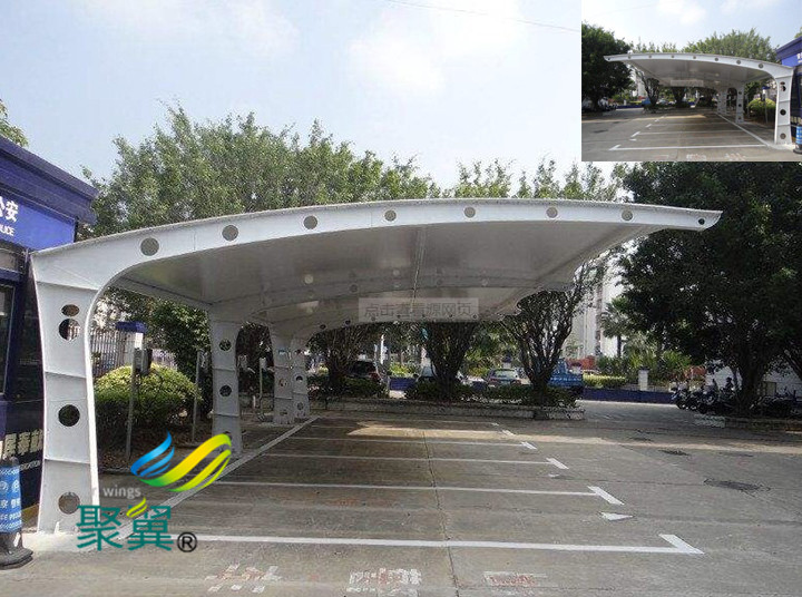  膜結構車棚儉約能源|汽車停車棚造型精良